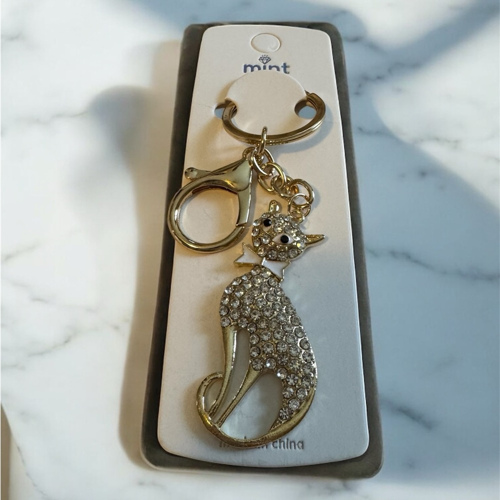 Gold Cat Keychain with Rhinestones